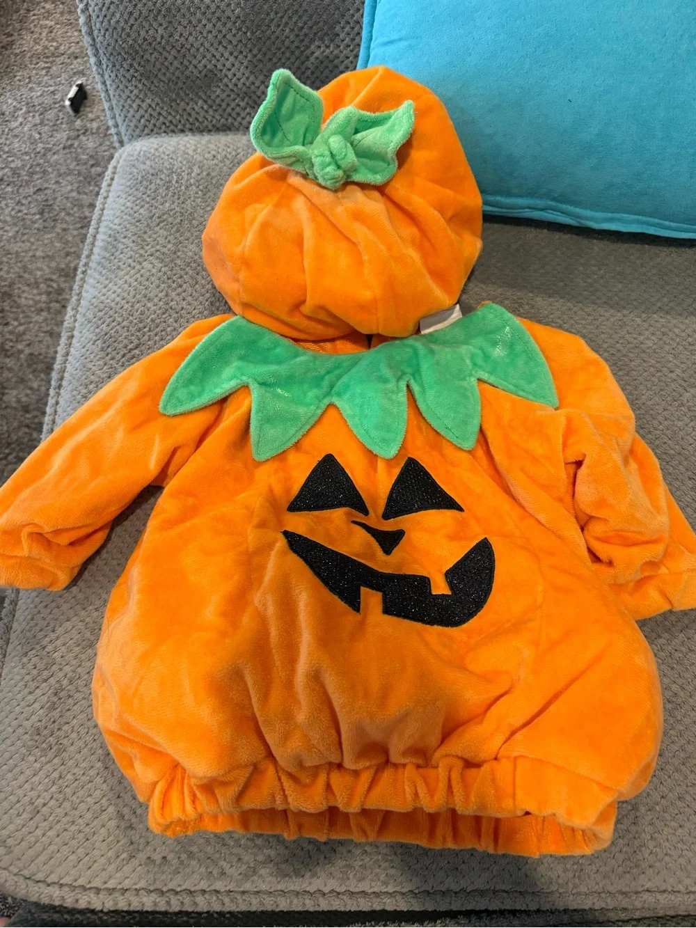 Kids Plush Pumpkin Costume with Jack-O'-Lantern Face - Orange & Green